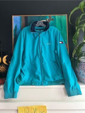 Vintage 90s Y2K Tommy Hilfiger Teal Windbreaker Jacket Flag Logo XL